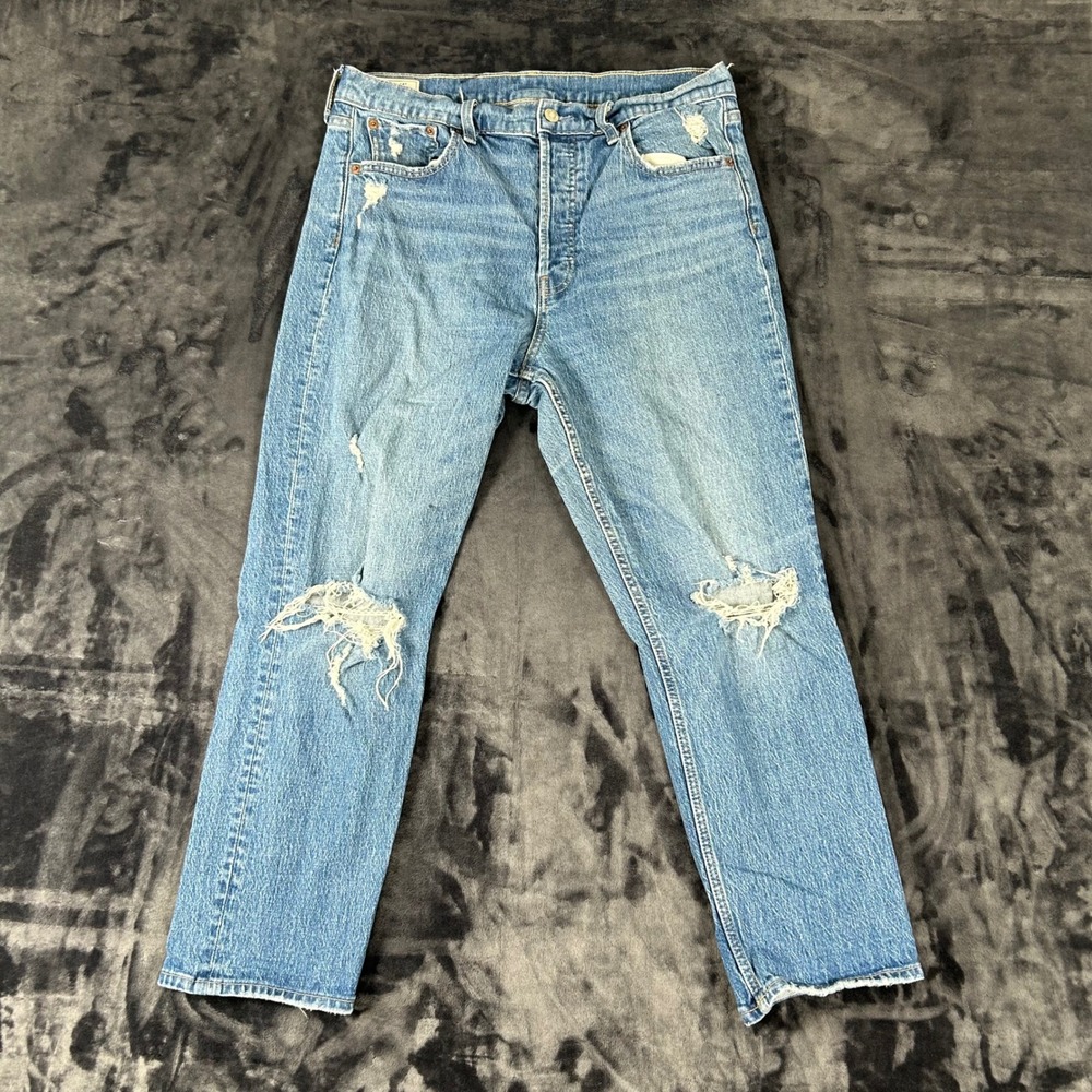 GAP‎ Cheeky Straight High Rise Jeans Womens 32 14R Blue Distressed Button Fly